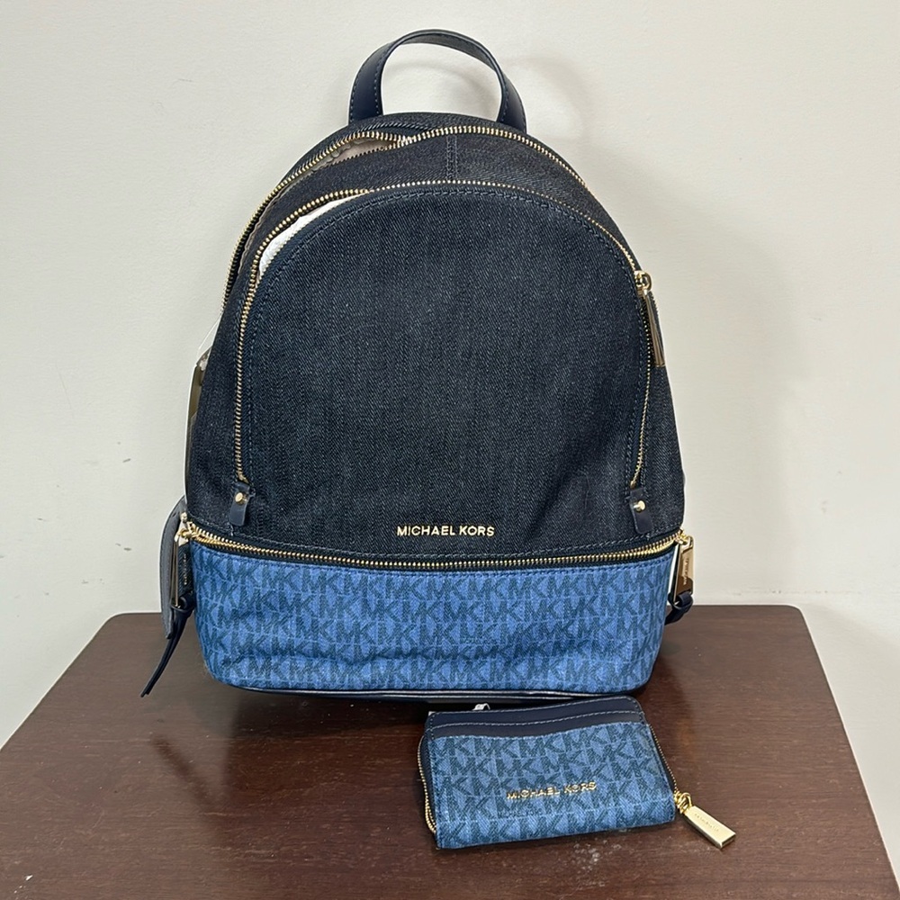 Michael Kor’s Rhea zip Denim multi mini backpack purse and matching wallet